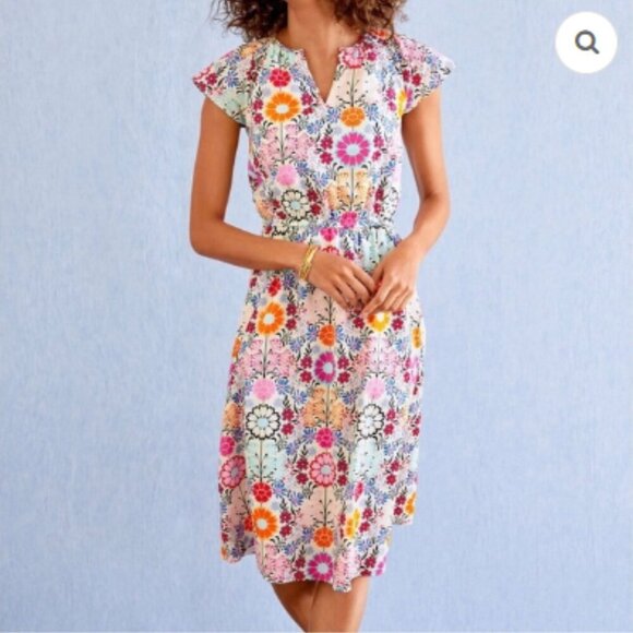 Talbots Floral Tile Print Smocked Cotton Dress Size 12 Fit & Flare Garden Party - Picture 1 of 12